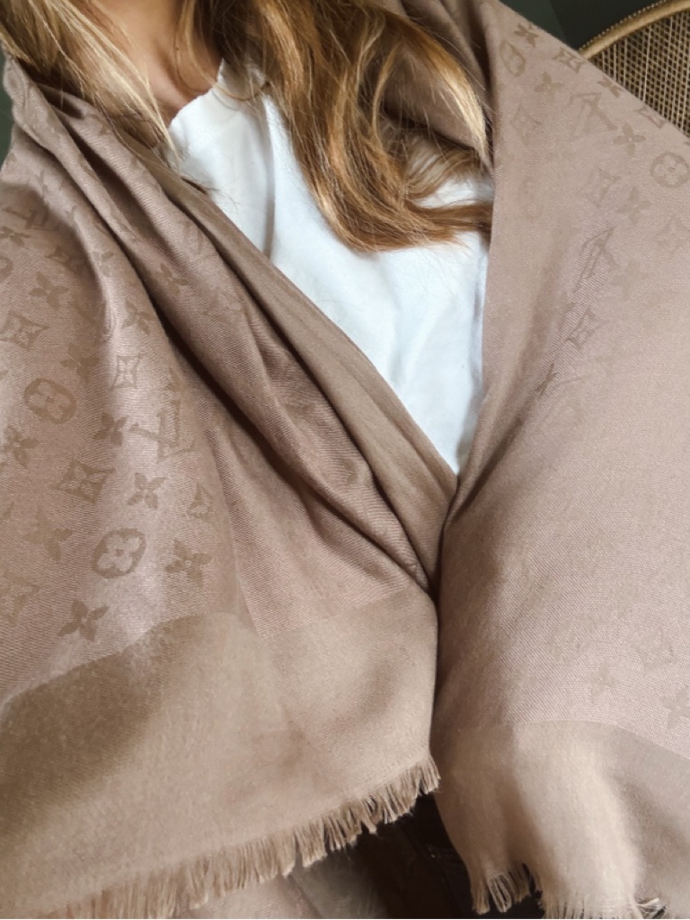 Louis Vuitton taupe Monogram large silk Shawl Scarf 57.5” x 53.5 - Picture 16 of 16